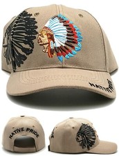 Native Pride New Leader Chief Head Indian Warrior Feathers Tan Beige Era Hat Cap