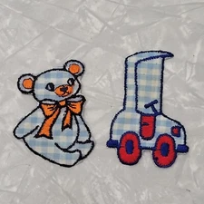 Lot of 2 Vintage EZ Trims Embroidered Iron On Gingham Teddy Bear & Car Patches