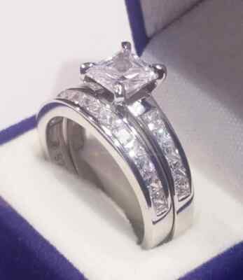 14k White Gold Sterling Princess Diamond cut Engagement Ring Wedding ...