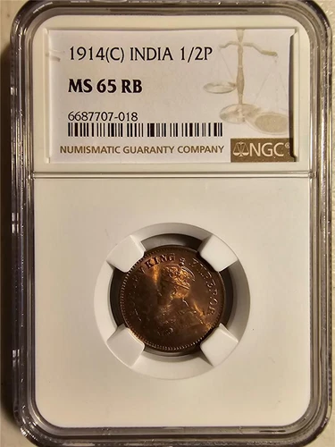 India 1/2 Pice 1914C NGC MS 65 RB
