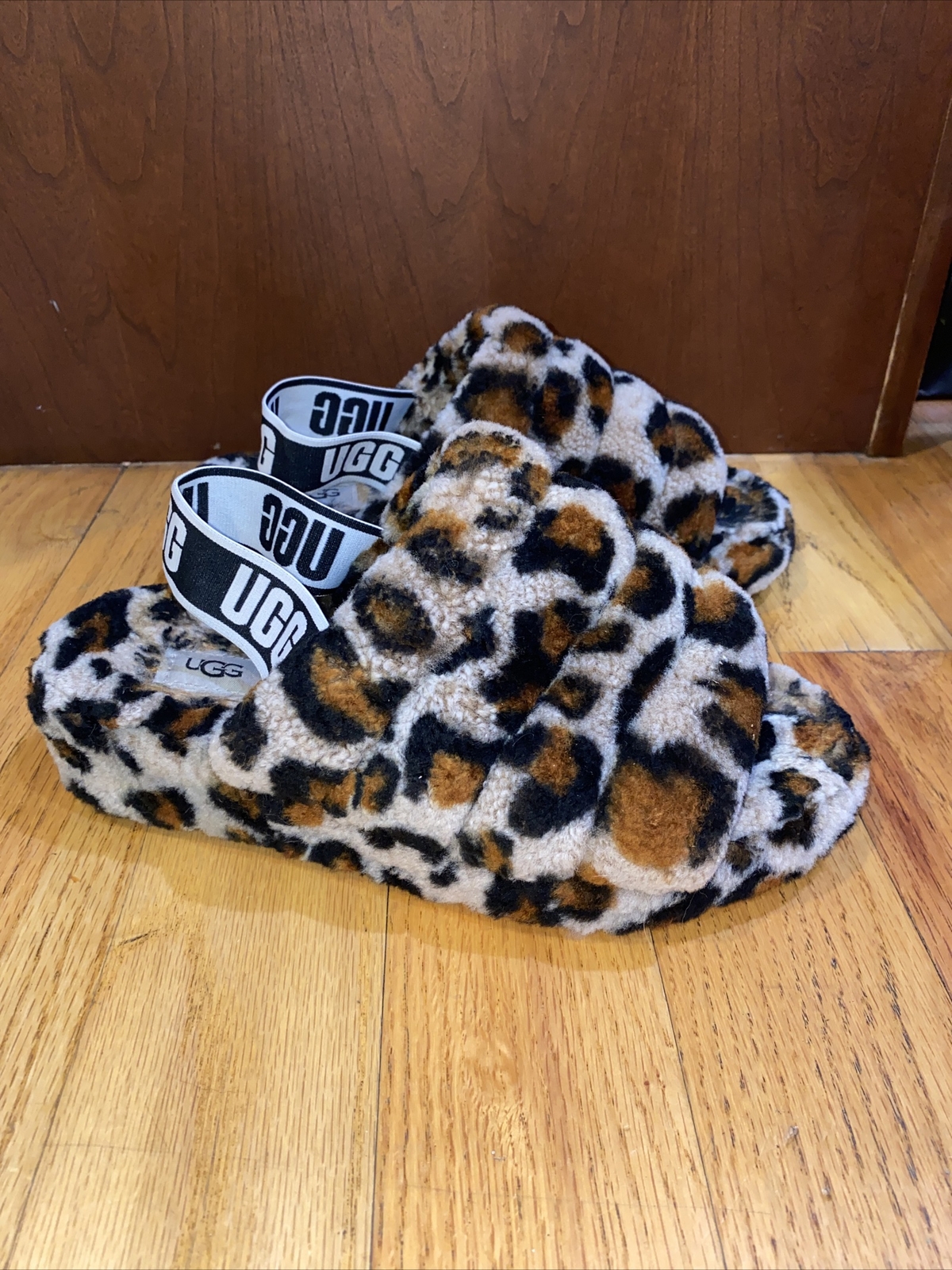 white leopard ugg slides