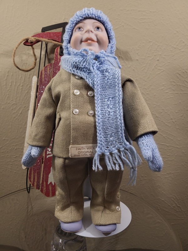 Faith Wick Porcelain Christmas Doll w Snow Sled Decoration ORIGINAL NOT KNOCKOFF