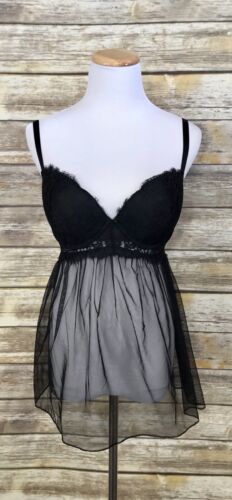 Victoria’s Secret Black Sheer Lace Babydoll Teddie Lingerie Bra Nightie 36D