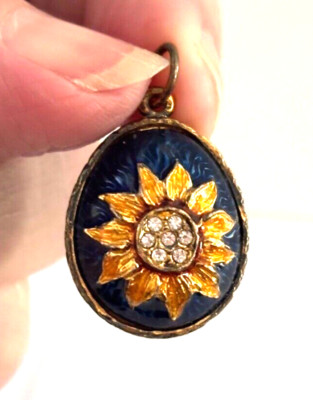 Large 13g Sparkly SUNFLOWER Sterling Silver Vermeil Russian Enamel Egg Pendant