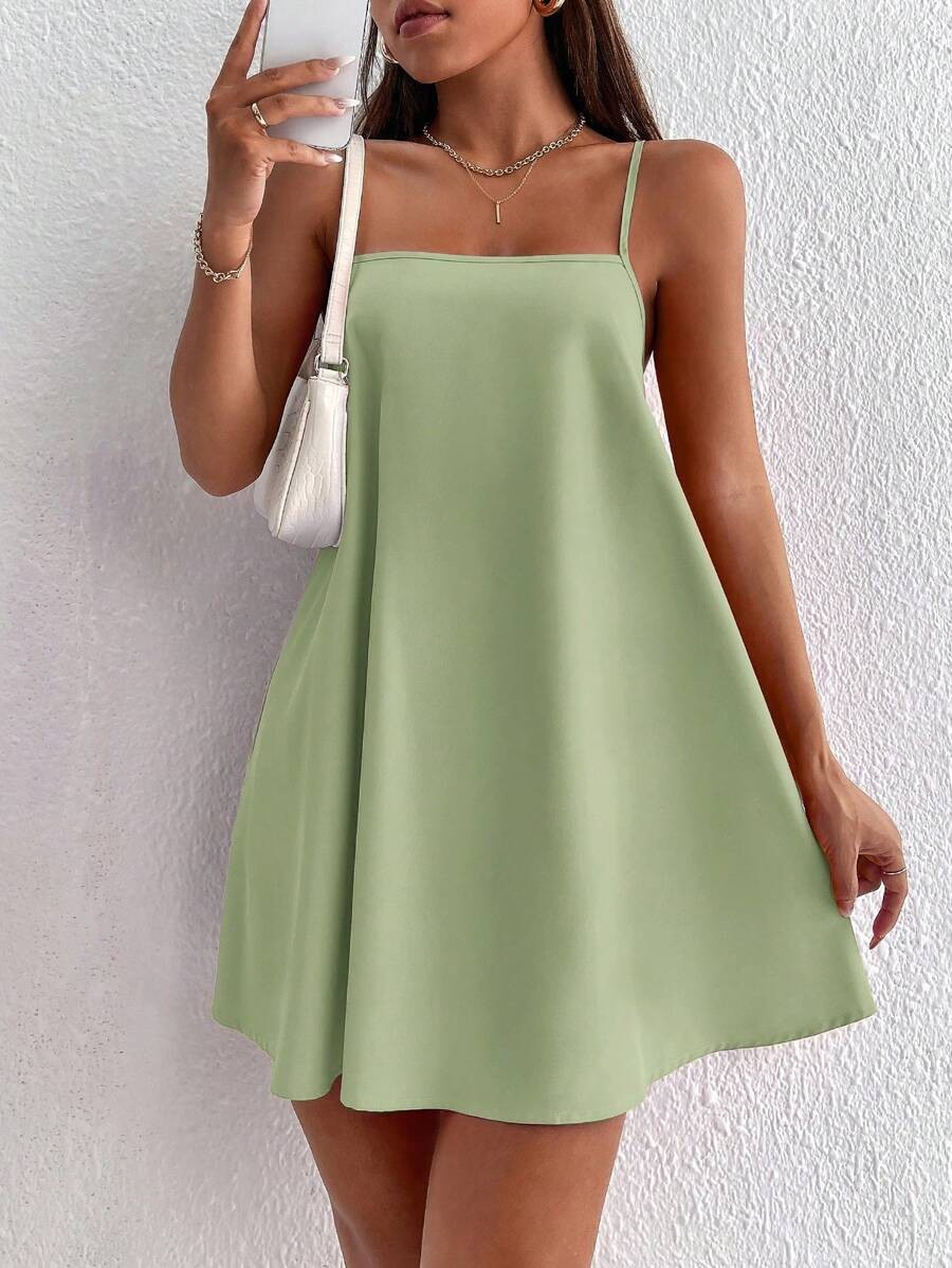 SHEIN PETITE Bohemian Summer Spaghetti Strap Solid Mini Dress For Women