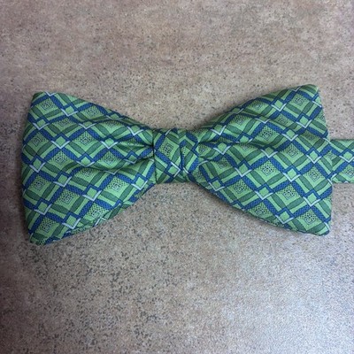 Beau Ties Ltd. Hand Sewn Pre-tied Silk Bow Tie Green W/Blue & Silver Design