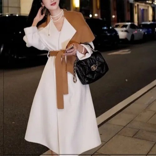 Women's Long Wool Cashmere Coat - Splice Color Matching Slim Fit Overcoat Belt