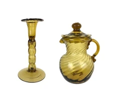 Amber Hand Blown Glass Handled Pitcher w/ Lid & Matching Candlestick