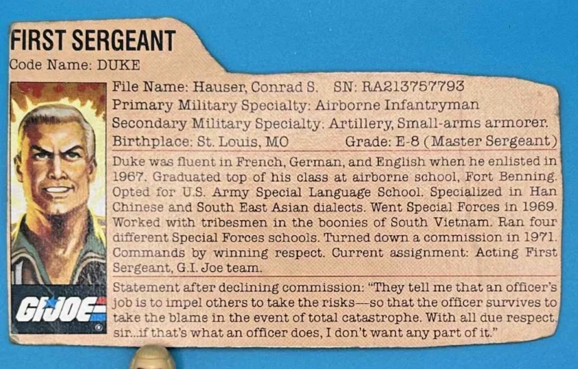 RARO 1983 GI JOE DUKE 100% COMPLETO juntas apretadas BONITA pintura TARJETA DE ARCHIVO Foto 4 de 4