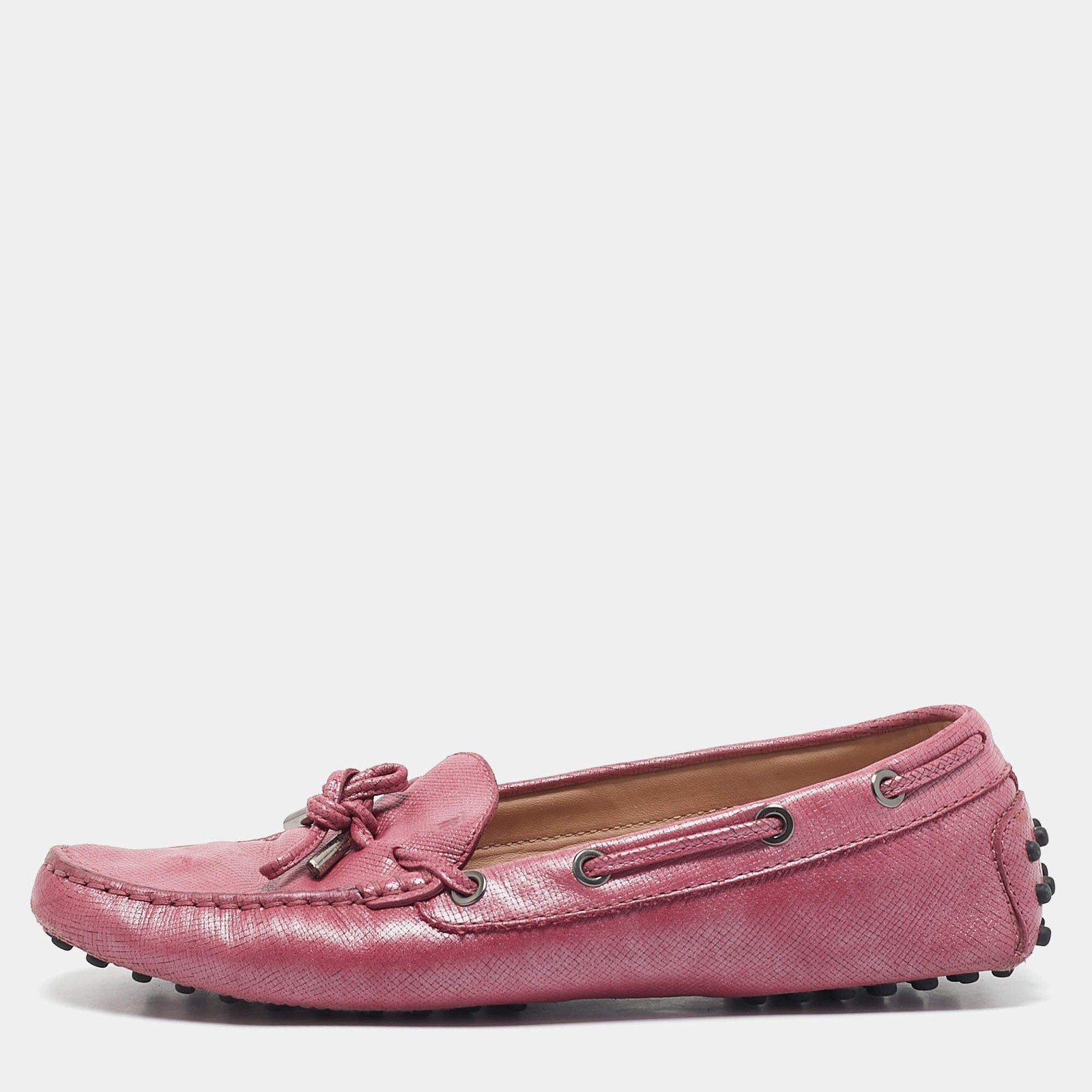 Tods Metallic Pink Leather Bow Slip On Loafers Size 38