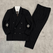 90s Vintage Double Breasted Wool Suit Set Black Chalk Stripe Made Japan Mens
