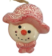 Vintage Enesco Primitive Finished Snowlady Head Ornament Pink Lace Hat, Bow 3"