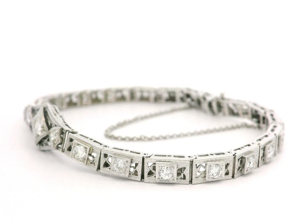 Brazalete de tenis antiguo Art Deco de filigrana de diamantes de 1,39 ctw de oro de 14 k y platino Foto 3 de 4