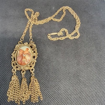 Vintage Necklace Pendant Triple Tassel Victorian Revival Boho Cottage Core 
