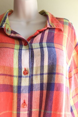 Linen Blend Plaid Shirt 2X Plus Orange Lime LS Button Up Sag Harbor