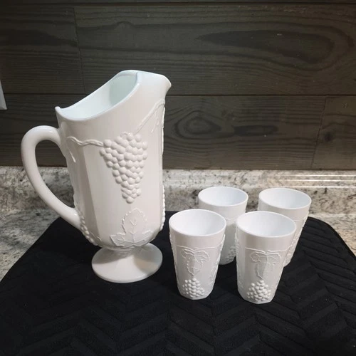 Vtg Indiana Milk Glass Colony Harvest Grape Pitcher and 4 Small Tumblers Glasses