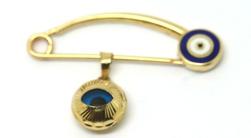 Genuine 14ct Yellow Gold Baby Child's Kids Brooch Evil Eye Mati Charm - Picture 5 of 9