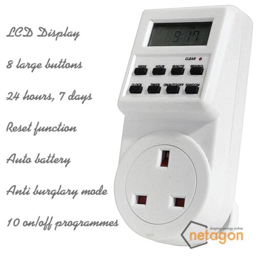 Electronic Digital Mains Plug in Timer Socket with LCD Display 12/24 Hour 7 Days - Picture 1 of 7