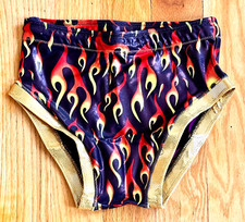 Pro Wrestling Trunks Flame Print W. Gold Trim Sz. Small 30-32 Stretchy Spandex