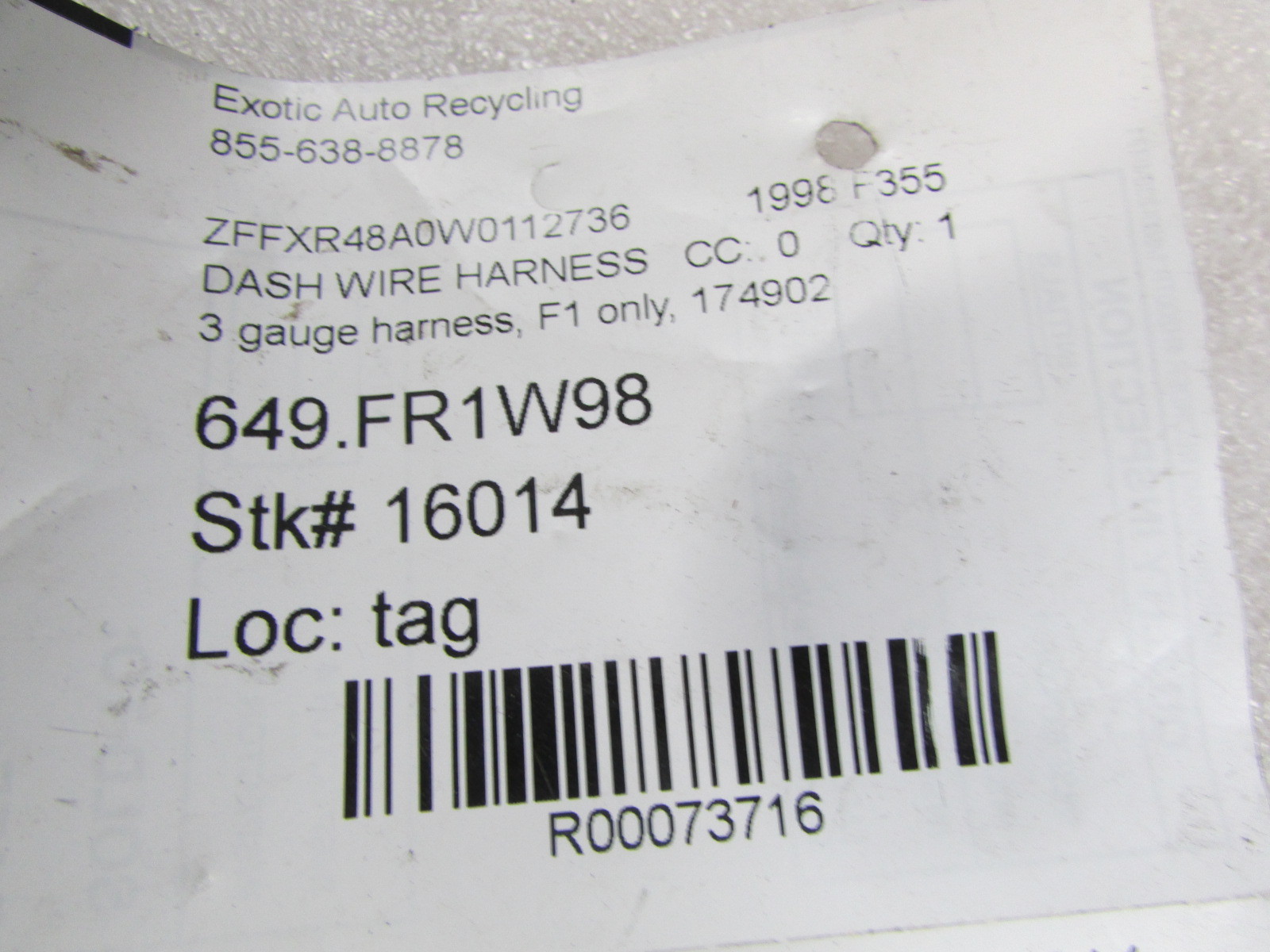 Ferrari F355, Three Gauge Dash Wire Harness, F1 Only, Used, P/N 174902