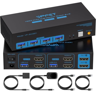 8K HDMI KVM Switch 2 Monitors 2 Computers Dual Monitor Support 8K@60Hz 4K@120...
