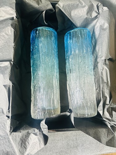 Set of 2 Japanese Tajima Vintage Textured Bark Clear & Blue Vase - Picture 3 of 6