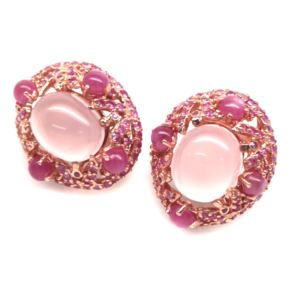 925 Sterlingsilber 12 x 12 Mm. Rosa Rose Quarz, Rubin & Saphir Ohrringe - Bild 2 von 4