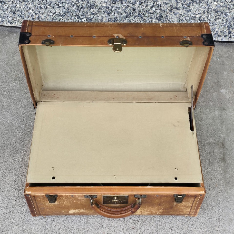 Antique Leather Covered Suitcase Trunk Train Case Geiser Baker City