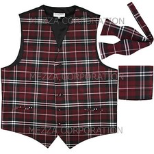New Vesuvio Napoli Men's plaid Tuxedo Vest Self Tie Bowtie  Hankie set Burgundy
