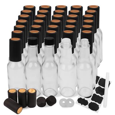 HOT SAUCE BOTTLES Glass Empty Jar with Black Caps Shrink Bands 5 Oz Case of 35