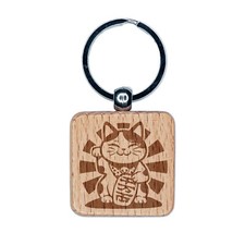 Maneki Neko Lucky Fortune Cat Engraved Wood Square Keychain Tag Charm