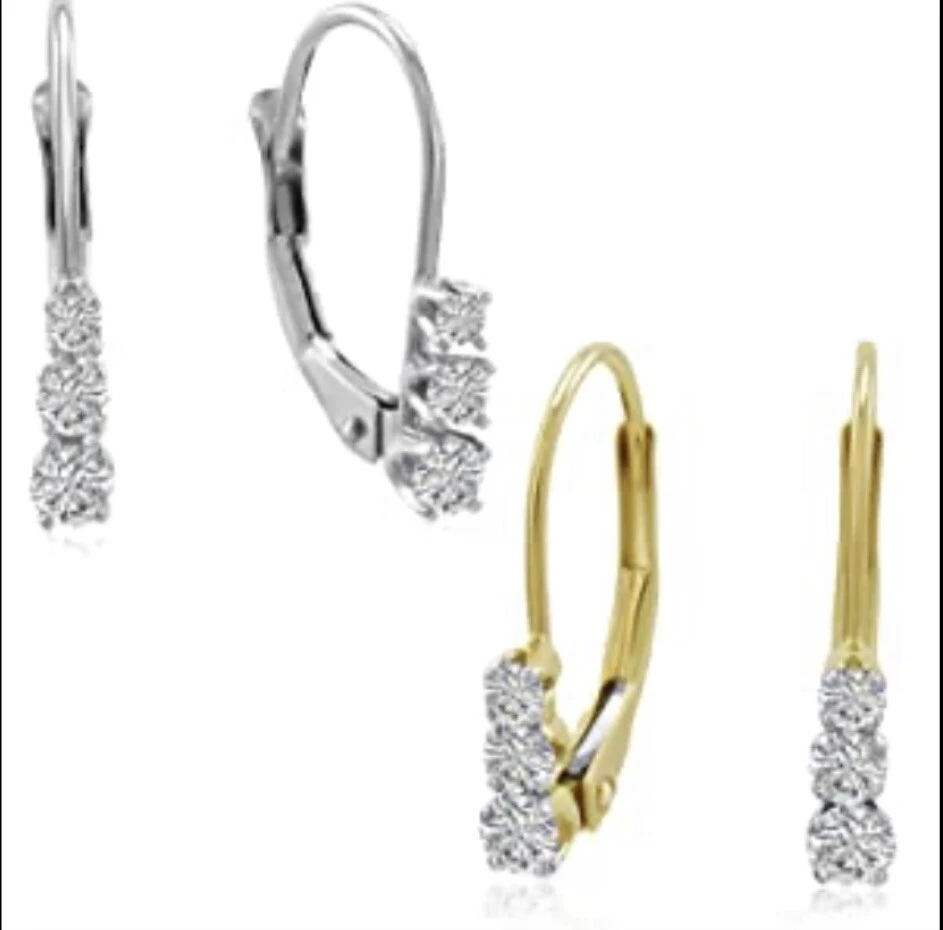 3 Stone 1/2CT Diamond Earrings 14K White Gold Leaver Back Style - Image 3 of 4