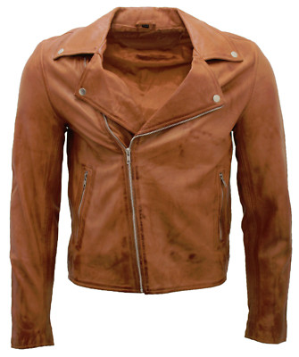 Herren Vintage Hellbraun Retro Brando Slim Fit 100% Nappa Leder Bikerjacke