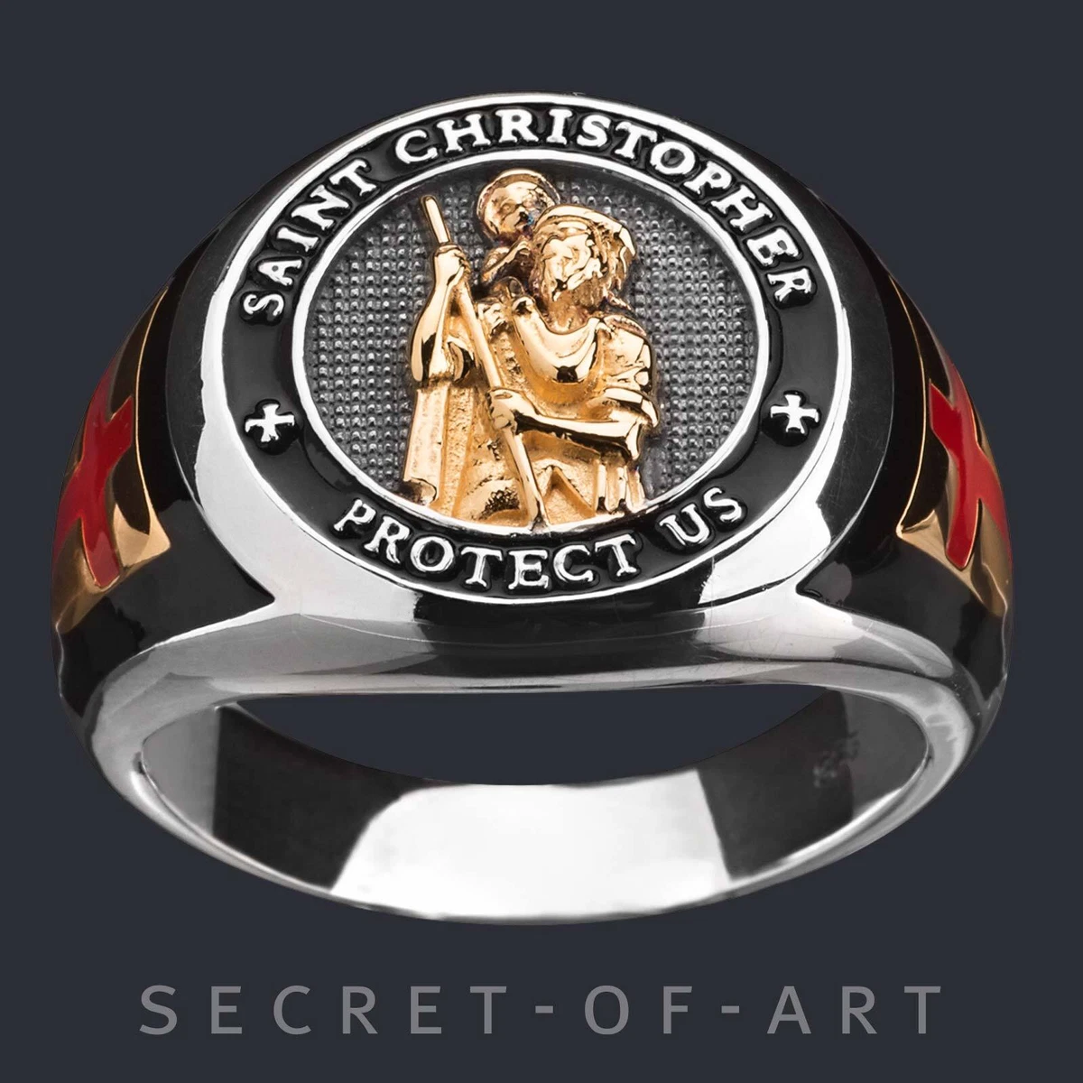 Saint St Christopher Ring Silver 925 Religious Bishop Christianity  Gold-Plated