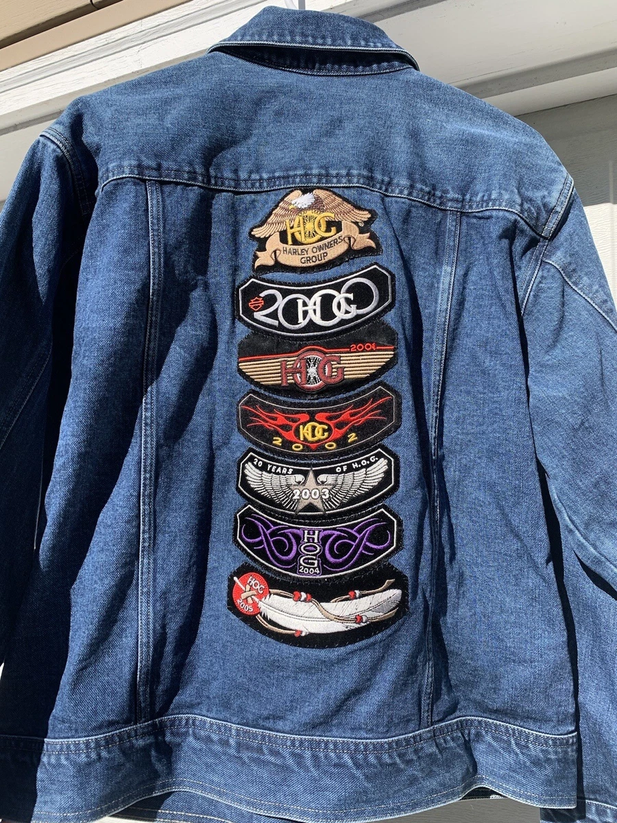 Women s Trucker Denim Jean Jacket W Hog Owners Harley Davidson Patches Pins L