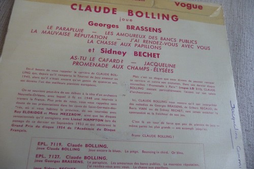 CLAUDE BOLLING 45T JOUE GEORGES BRASSENS ET SIDNEY BECHET. VOGUE EPL.7127 - Imagen 7 de 10