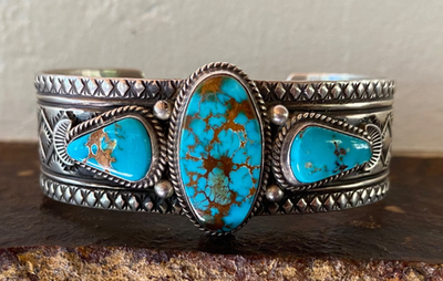 Navajo Sterling Bracelet With Great Pilot Mtn Turquoise-Andy