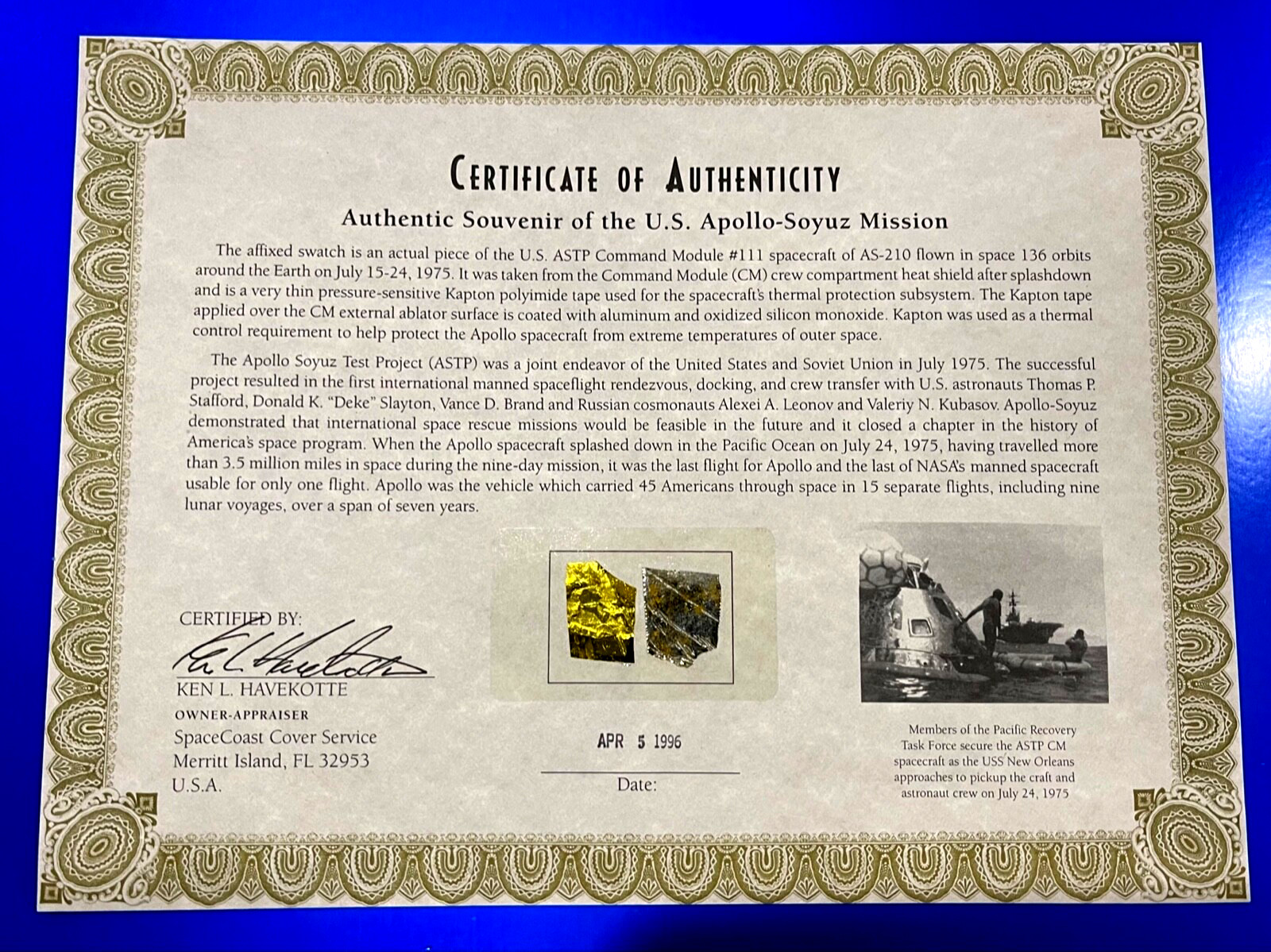 APOLLO SOYUZ ASTP FLOWN IN SPACE 2 KAPTON RELICS EARLY SCCS FORMAT PRESENTATION