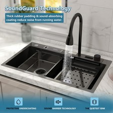 30" Waterfall Kitchen Sink with Faucet Stainless Steel Single Bowl Black Basin