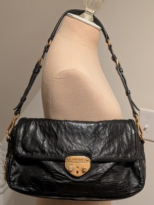 Vintage Prada Black Soft Nappa Leather Push Lock Double Zip Shoulder Bag Italy