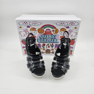 Jeffrey Campbell Slo-Mo Black Patent Clear Wedge Platform Sandals 6M NIB