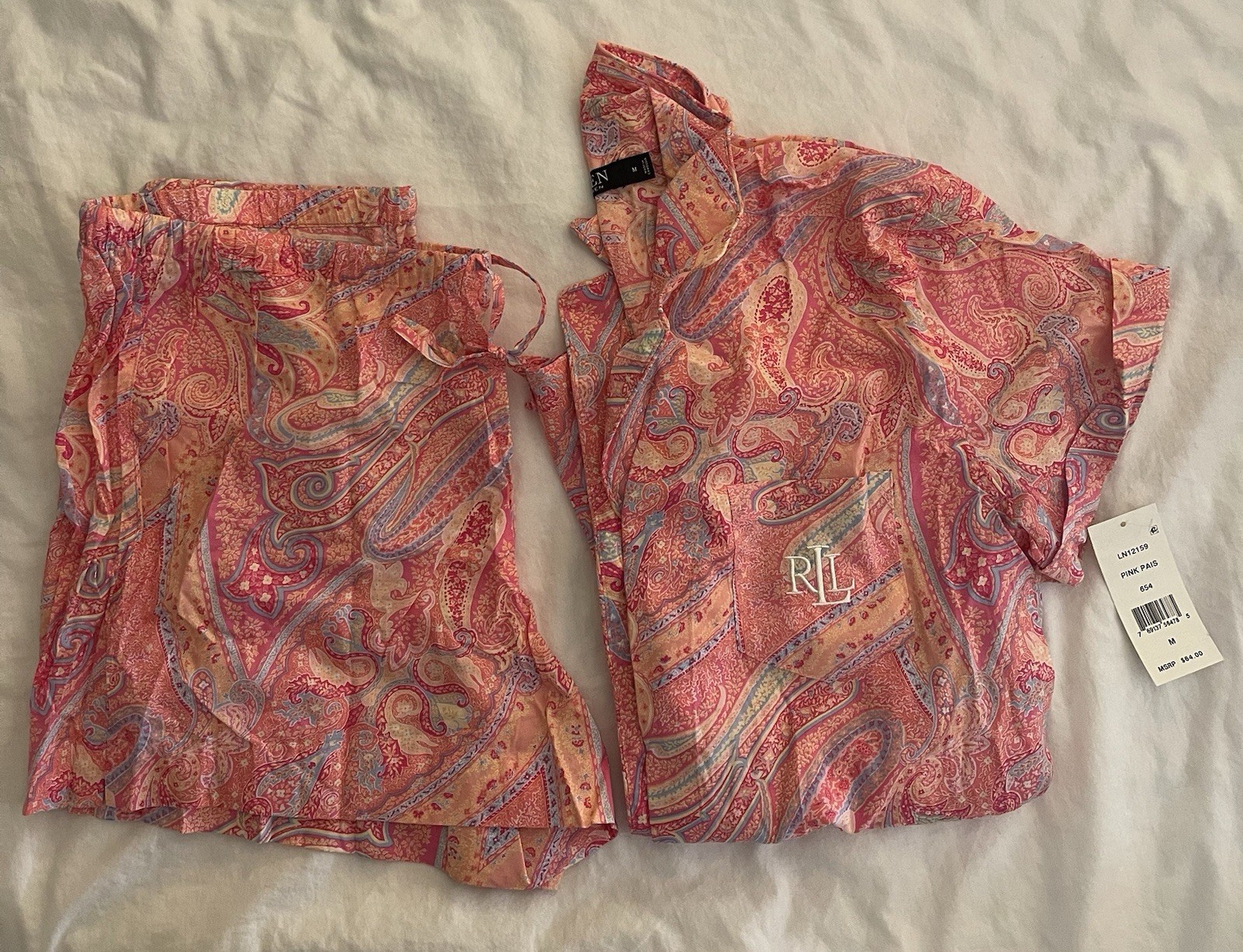 Lauren Ralph Women's Pajama Set 2-Piece, Green/Blue/Pink, Paisley Pattern