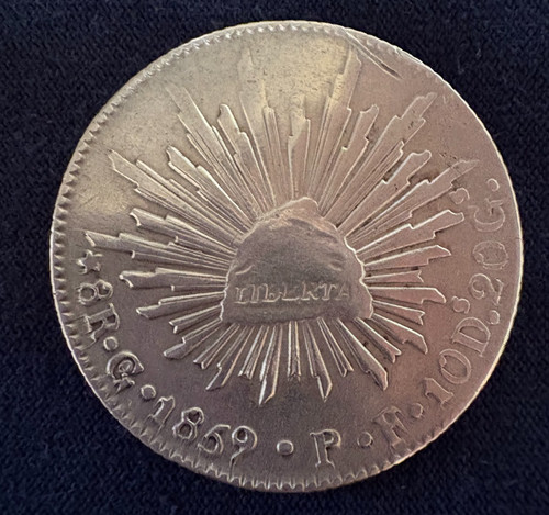 1859 silver 8 reales guanajuato Mexico Go PF rare error coin
