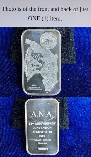 1974 Madison Mint A.N.A. Convention Miami Beach FL 1 Troy Oz 999 Silver Bar