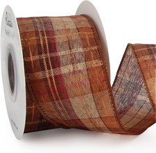 Fall Burlap Wired Ribbon Gold Foil 2-1/2 Inch X 10 Yard Plaid Copper Burgundy