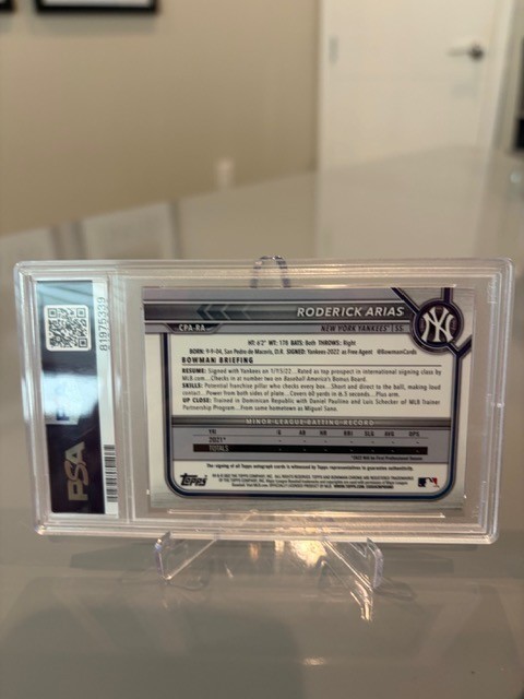 Roderick Arias Topps 2022 Bowman Chrome Yankees RC Auto CPA-RA PSA 10 view 4