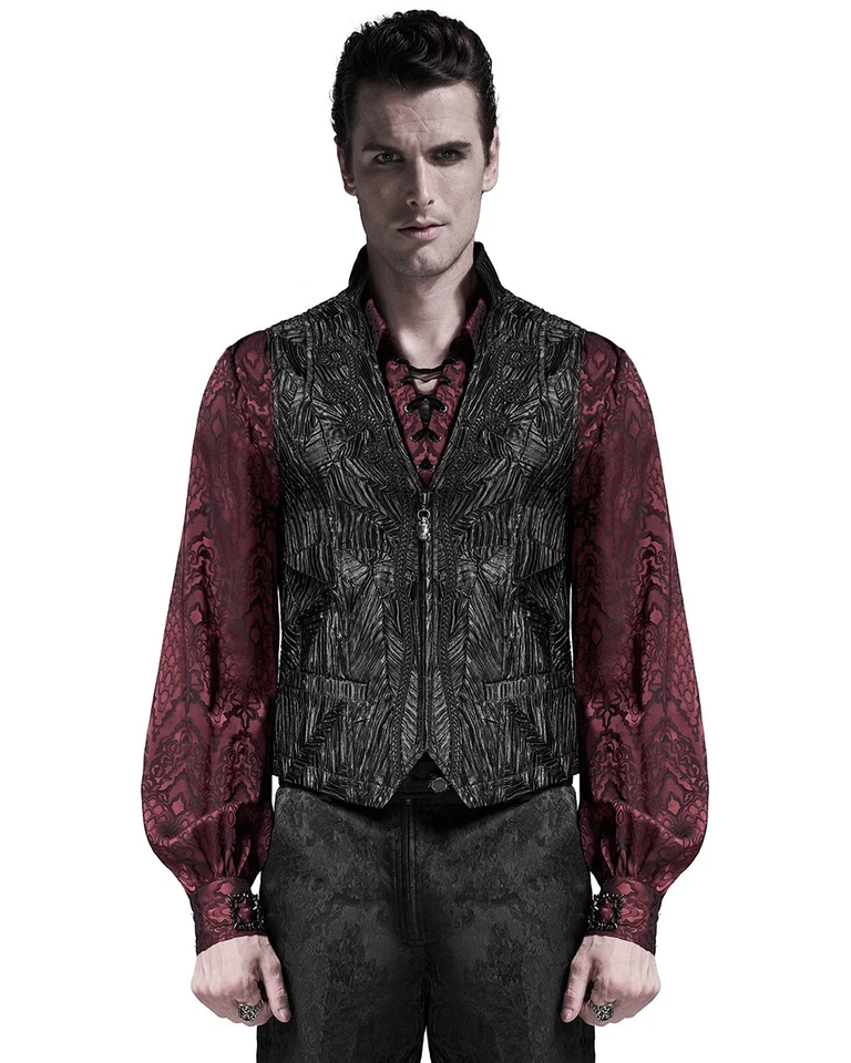 Punk Rave Mens Gothic Steampunk Pleated Waistcoat Vest Top Black Sateen Wedding - Image 4 of 4