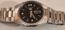 Vtg Seiko 5 Automatic 21J Day/Date Black Diamond Dial S.S.Bracelet Mens Watch