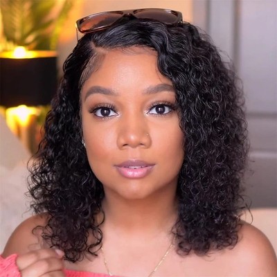 Wig Swisslace Lacefront Short Curly black Short Curly Pixie Cut Bob Wig Side Part Lace Front Human  main image 3