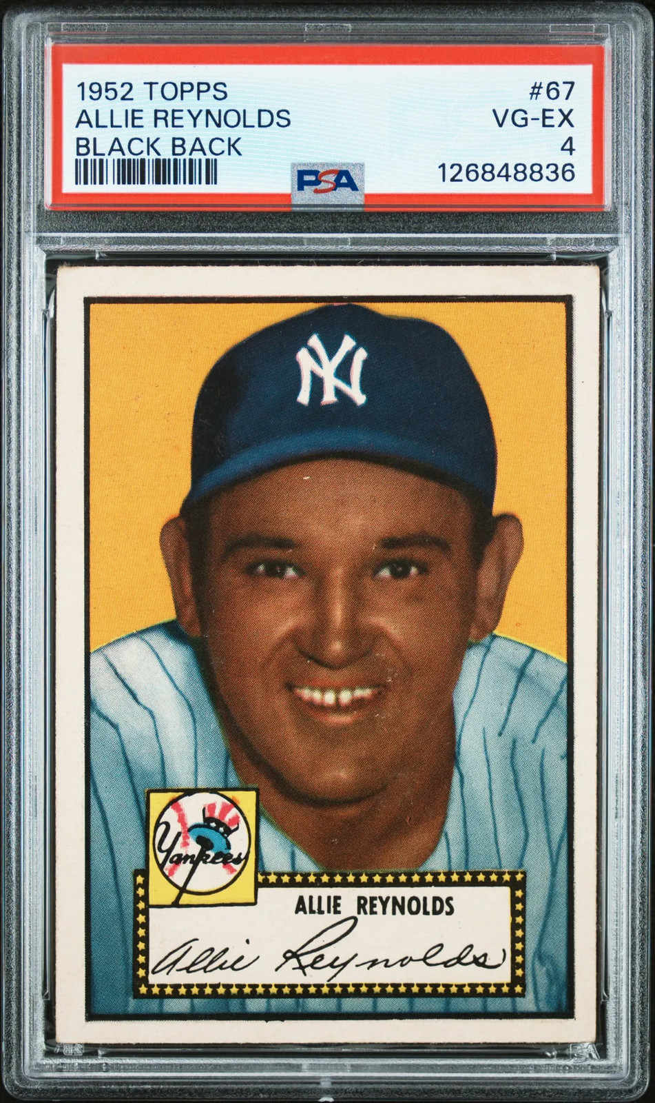 1952 Topps #67 Allie Reynolds Black Back PSA 4 VG-EX (836)!!